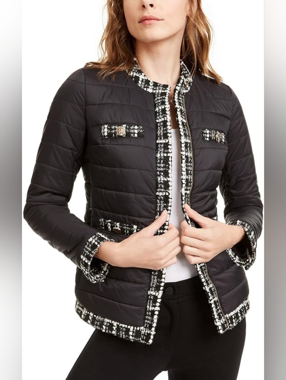 Anne Klein Black Quilted Puffer Jacket with Tweed Trim